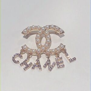White Pearl & Rhinestones Pin Brooch, Gold Chanel Lookalike CC